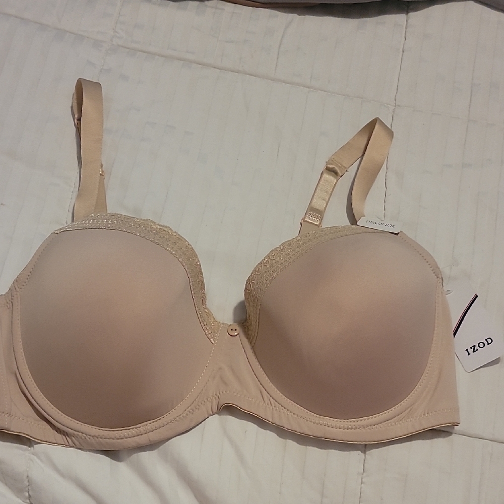 Izod Cream Underwire Bra with Molded Cups With Lace Trim NWT Size 42D
